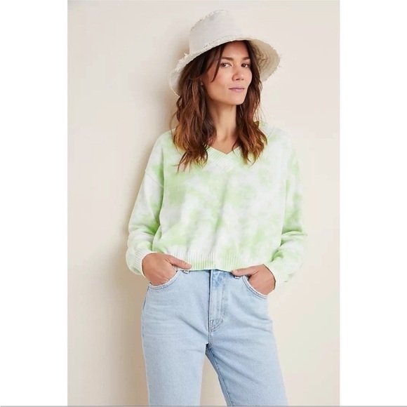 Anthropologie Lira Tie Dye V Neck Sweater Green Sz Large Boho Oversized Cropped - Picture 1 of 10